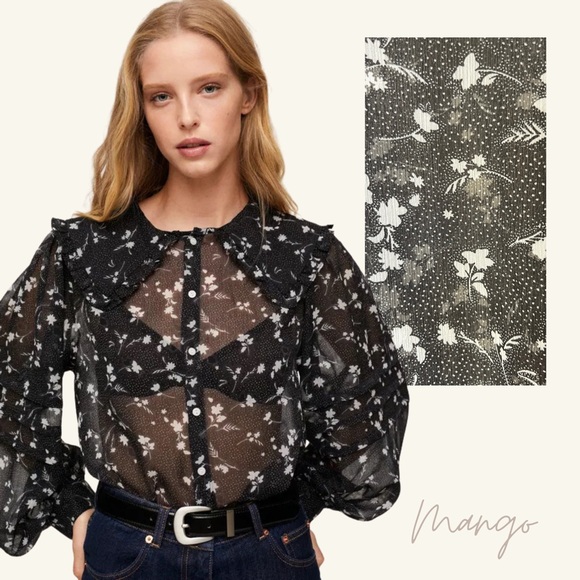 Mango Babydoll Collar Blouse – Sheer Black with White Floral, Size L, NWOT - Picture 1 of 17